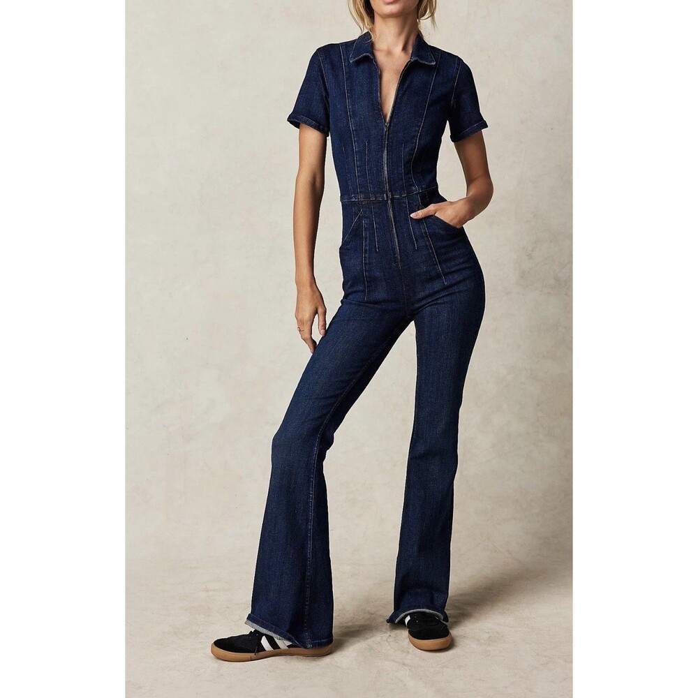 We The Free FP Jayde Flare Leg Night Sky Dark Denim Jumpsuit M Stretch Sexy Chic